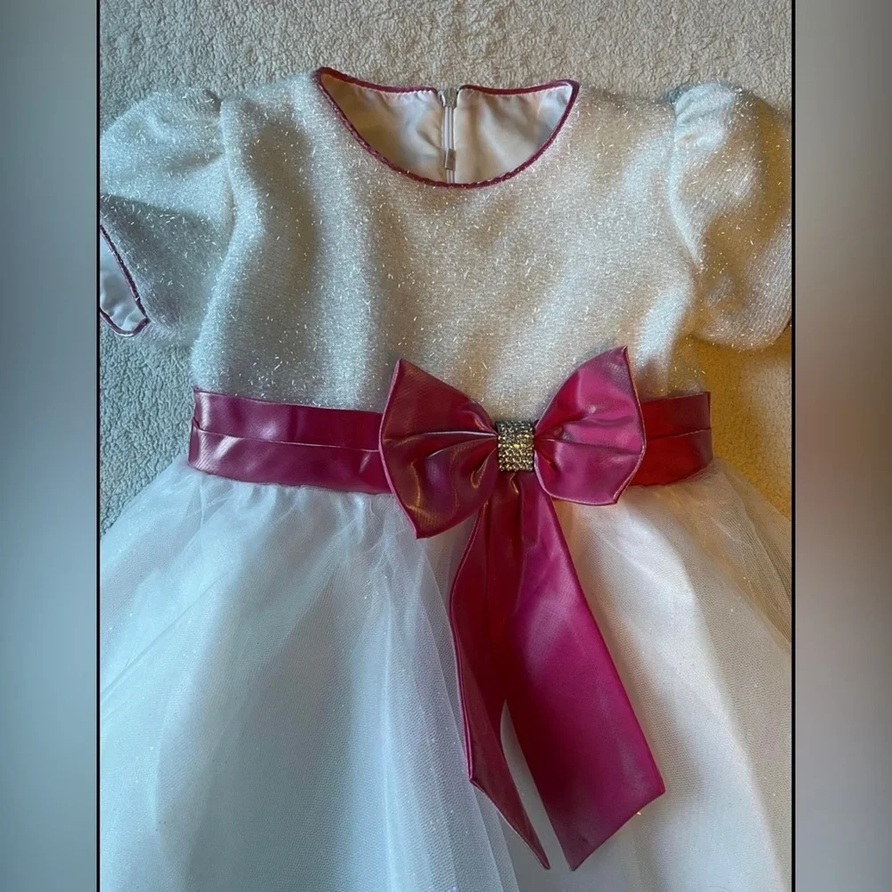 Fancy Christmas/Holidays Dress, frosty white with pink satin bow. Girls Sz 8